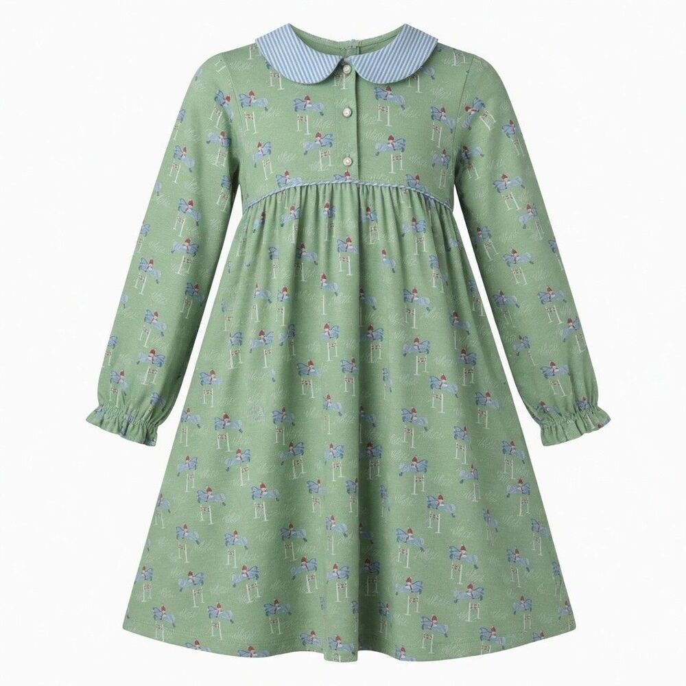 Ishtex Girls Sz 10 Green Horse Jumping Equestrian Dress Blue Peter Pan Collar LS
